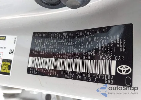 2025 Toyota Corolla Le z USA, uszkodzony, nr VIN 5YFB4MDE0SP255959